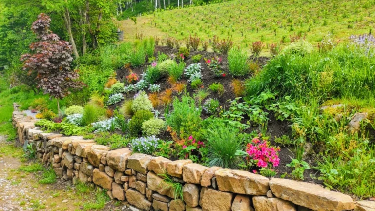 Parterre de rocalla con plantación ornamental